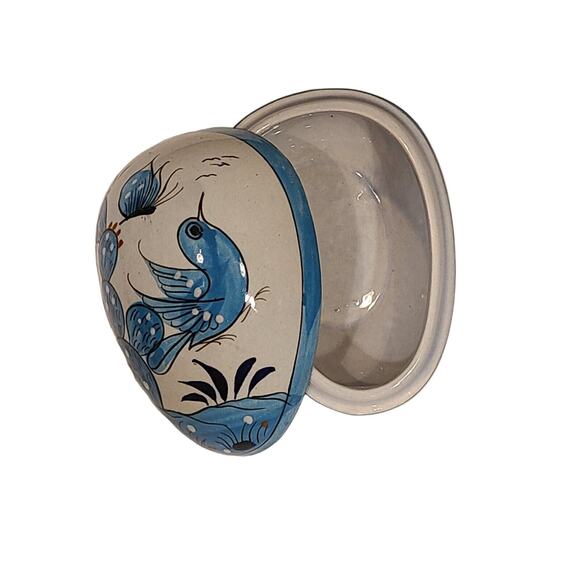Tonala Pottery 5" Egg Shaped Trinket Box Hand Painted Blue Bird Folk Art Mexico - Picture 4 of 15